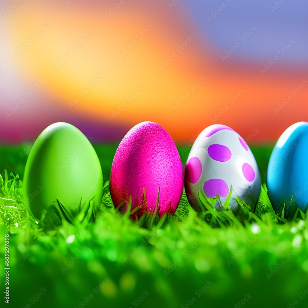 natural green lawn,  easter   colored eggs on green grass.  space for your content, advertisement. Background, backdrop illustration for easter or spring banners or greetings