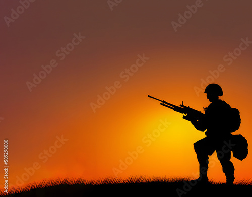 military training man Special Forces soldier stands after the war on the battlefield sunset, digital art style, illustration painting. Realistic concept art. Cartoon digital art for games, realistic