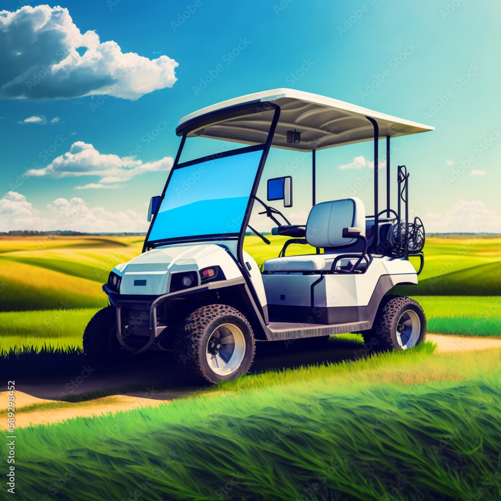 Golf cart on a golf course. Generative AI.