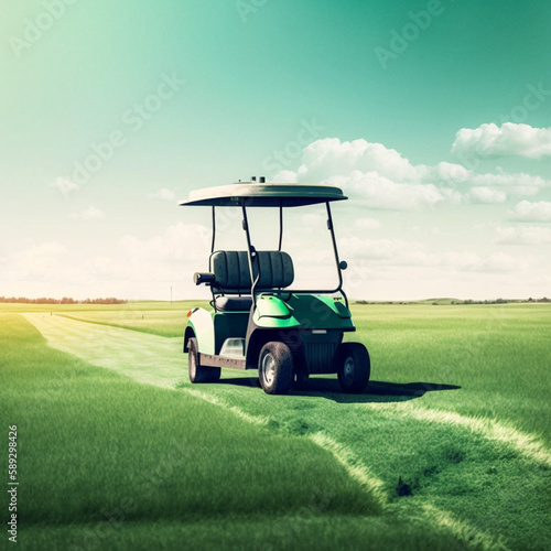 Golf cart on a golf course. Generative AI.