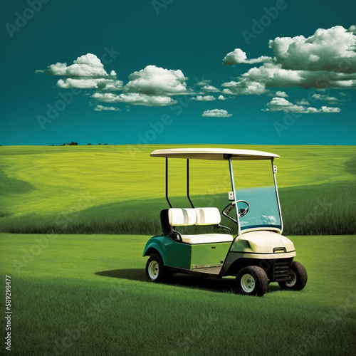 Golf cart on a golf course. Generative AI.