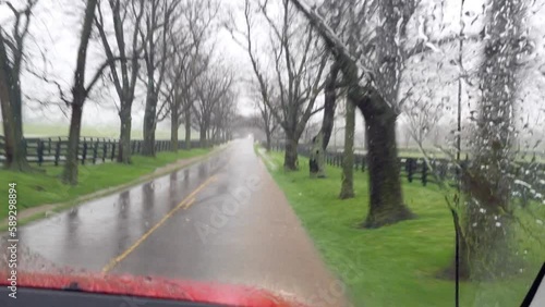 rain storm driving windshield flood water road trees photo