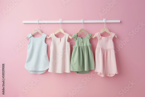 Cute Girl Dresses clothes in pastel colors on line hanger in a row. Background of a pink colored wall.  Creative concept for a children s clothing store  children s fashion banner. Generative AI