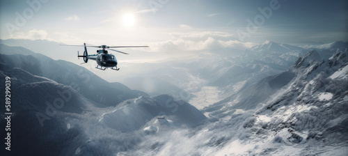 Image of Helicopter Flying over Snowy Mountain Valley