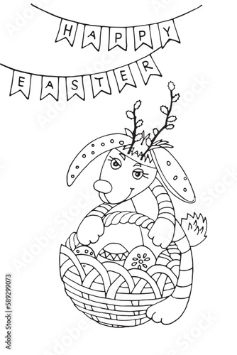 page for coloring easter bunny with colored eggs happy easter flags