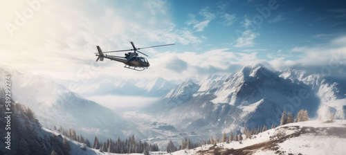 Image of Helicopter Flying over Snowy Mountain Valley
