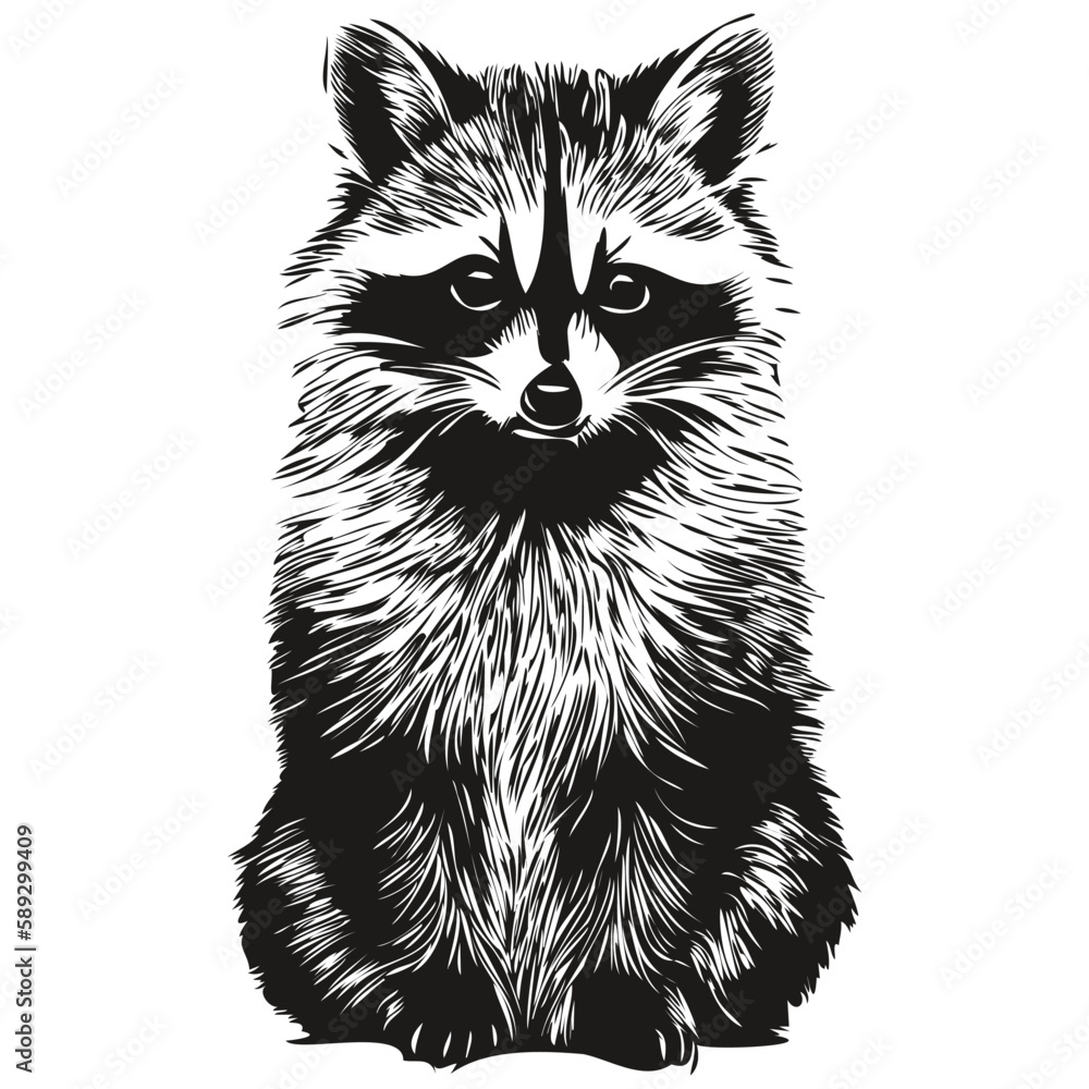 Cute hand drawn raccoon, vector illustration black and white