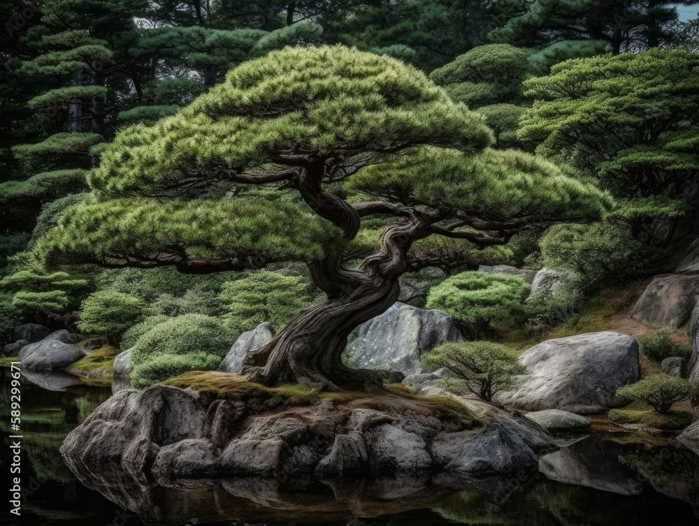 A majestic and timeless view of a pine tree in a Japanese garden