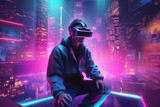 Metaverse technology is revolutionizing the digital world with its immersive experience, as a man wearing VR goggles plays an AR game showcasing the endless possibilities of futuristic metaverse GameF