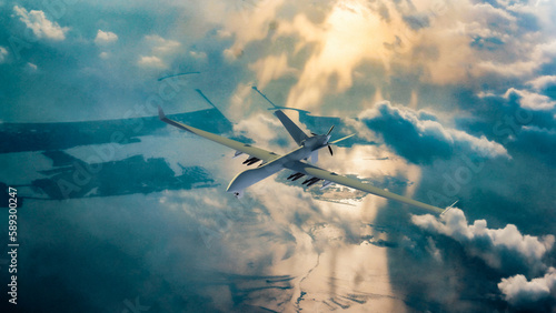 Realistic view military air weapon flying plane space craft in sky under land sea ocean water spy attack protect defence intelligence future technology drone combat army 3d rendering image