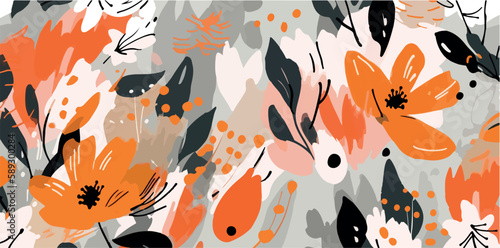 Fototapeta Naklejka Na Ścianę i Meble -  Abstract cute botanical contemporary patten. Hand drawn floral print. Leaves vector texture. Card background print. Retro wallpaper ornament. Tropical cartoon style banner. Fashion design garden art 