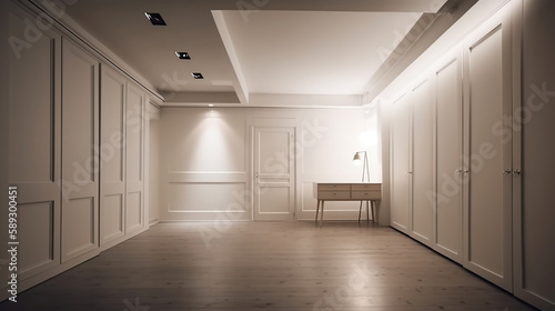 Idea of a white empty minimalist room interior with dresser on the vintage wooden floor and large wall . Generative Ai