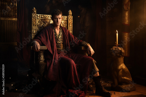 A roman emperor Caligula sits on a throne, surrounded by the symbols of his might and power, ai generative photo