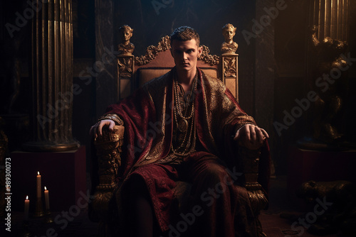 A roman emperor Caligula sits on a throne, surrounded by the symbols of his might and power, ai generative photo