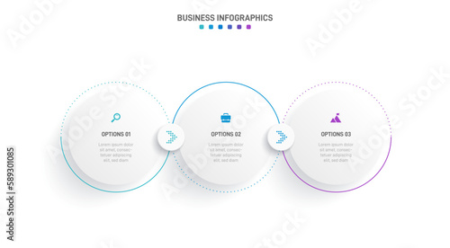 Timeline infographic with infochart. Modern presentation template with 3 spets for business process. Website template on white background for concept modern design. Horizontal layout.