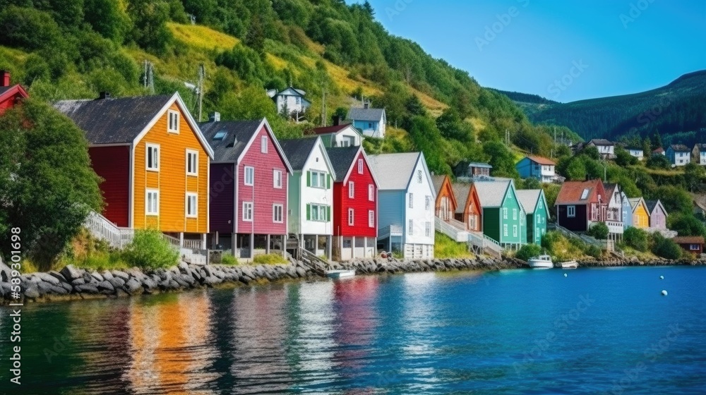Fototapeta premium Colorful village in Norway by a lake. Generative AI illustration.