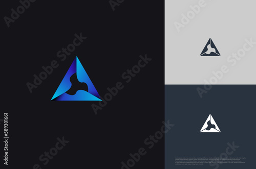 Geometric Shape triangle logo pyramid shape with lines monogram minimal style. Vector illustration
