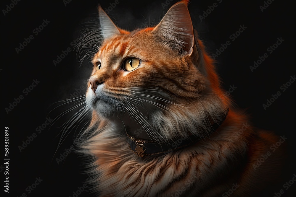 Red Maine Coon cat in a collar on a black background. Portrait. Generative AI. Red Maine Coon cat in a collar on a black background. Portrait. Generative AI.