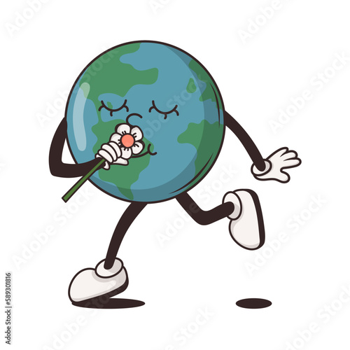 Groovy cartoon character funny happy Earth. Earth day concept. World Environment Day. Isolared vector illustration. Hippie 60s  70s style.