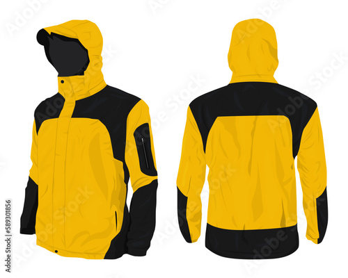 Black and yellow hooded mountain jacket mockup front and back view