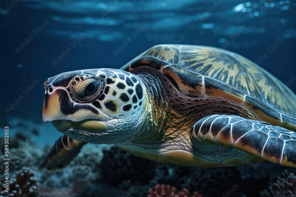 Fototapeta premium Graceful Sea Turtle Portrait Swimming in the Ocean