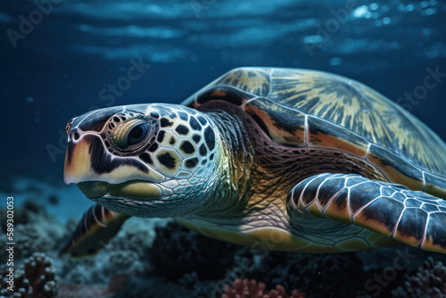 Graceful Sea Turtle Portrait Swimming in the Ocean © Georg Lösch
