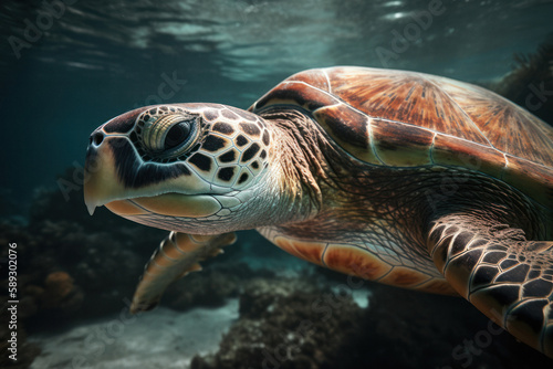 Graceful Sea Turtle Portrait Swimming in the Ocean