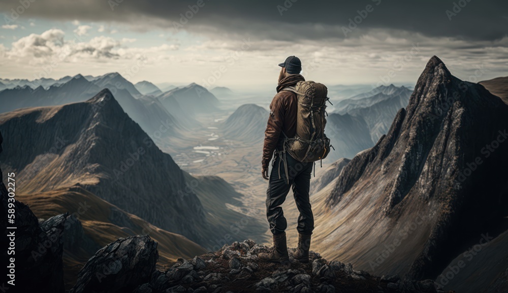 Hiker standing on top of a mountain, generative AI