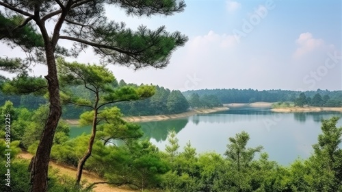 Serene Pine Forest and Majestic Reservoir  A Breathtaking Landscape View - Generative AI