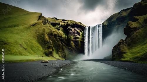 Skogafoss Majesty: A Stunning Rush of Water and Lush Forested Hills - Generative AI