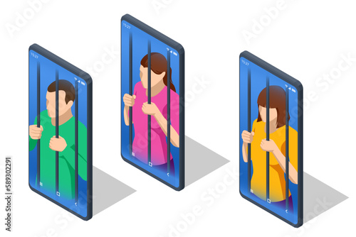 Isometric male and female prisoner, trapped in the phone. Pathological addiction to social networks, videos, news. The persons have got phone addiction, FOMO, and device bad habit.