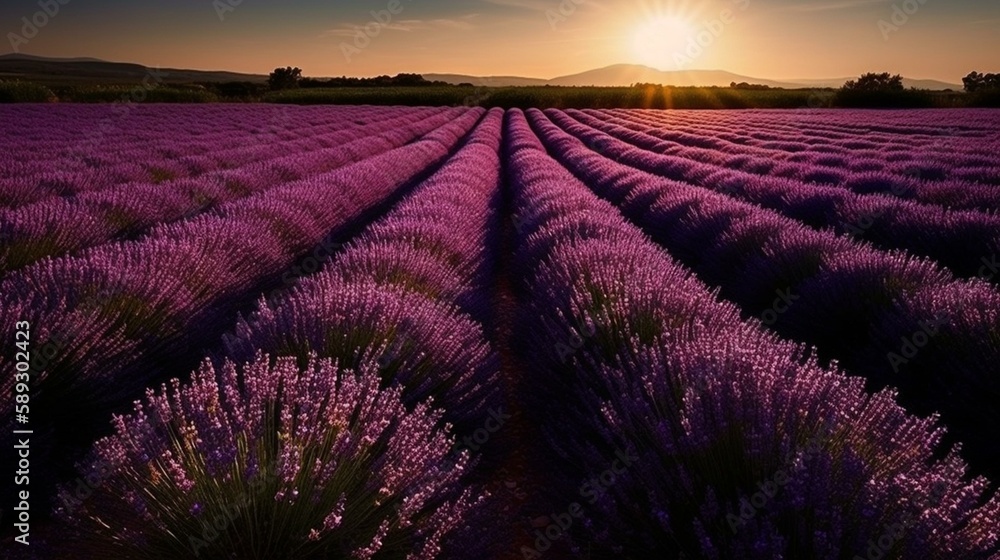Fototapeta premium Lavender field - beautiful, violet, fragrant, endless. Flowers - fragrant, violet, beautiful, dense. Scent - soft, delicate, summery. Sky - blue, clear, cloudless. Sun - bright, wa Generative AI