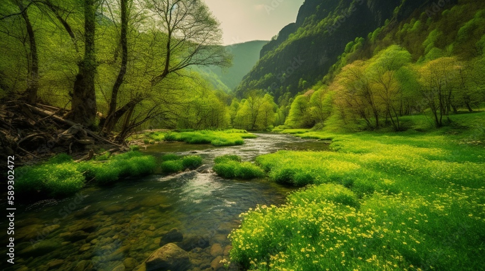 Fototapeta premium Nature, beautiful, spring, mountains, river, sun, stones, covered, mosses, green, fresh, bright, juicy, transparent, green meadows, overgrown with trees, green plantations, lush gr Generative AI