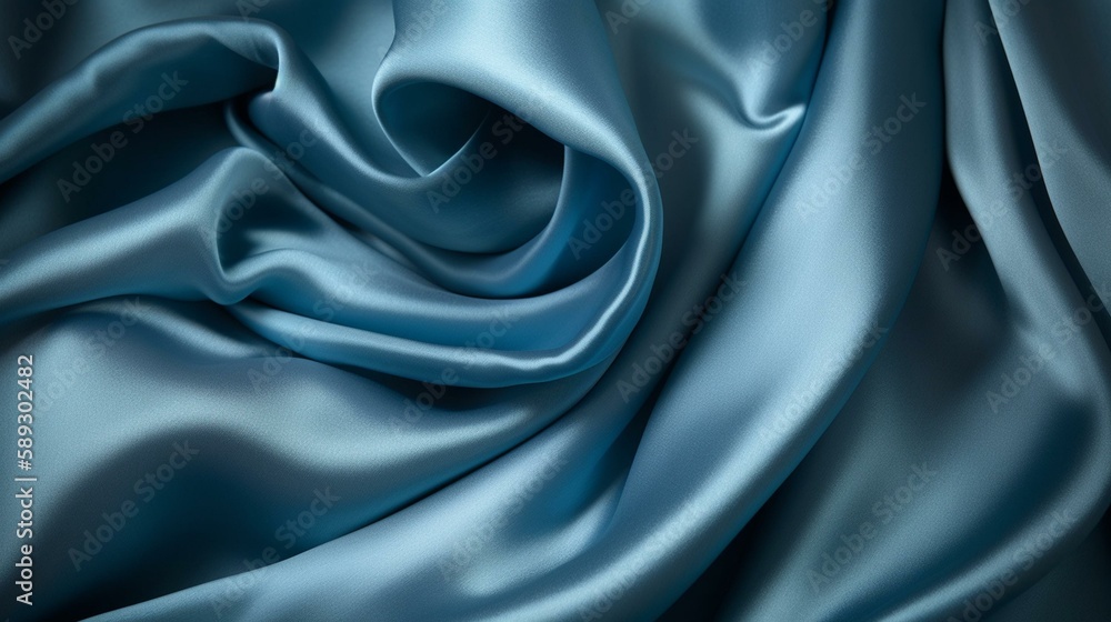 Obraz premium Generate a description of a beautiful, winding satin silk fabric in blue color in 200 words. Leave only nouns and adjectives. Separate the words with commas Generative AI