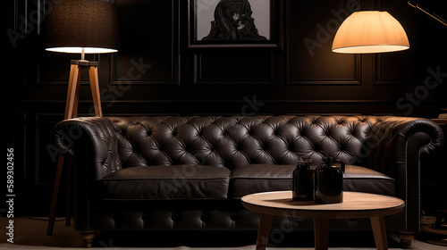 Modern classic black interior with capitone brown leather chester sofa, floor lamp. Generative Ai