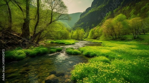 Nature, beautiful, spring, mountains, river, sun, stones, covered, mosses, green, fresh, bright, juicy, transparent, green meadows, overgrown with trees, green plantations, lush gr Generative AI