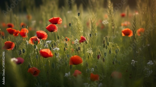 Meadow - beautiful, spacious, sun-drenched. Scarlet poppies - large, bright, lush. Rye grass - green, soft, tall. Other flowers - colorful, delicate, fragrant, small, aromatic, bri Generative AI