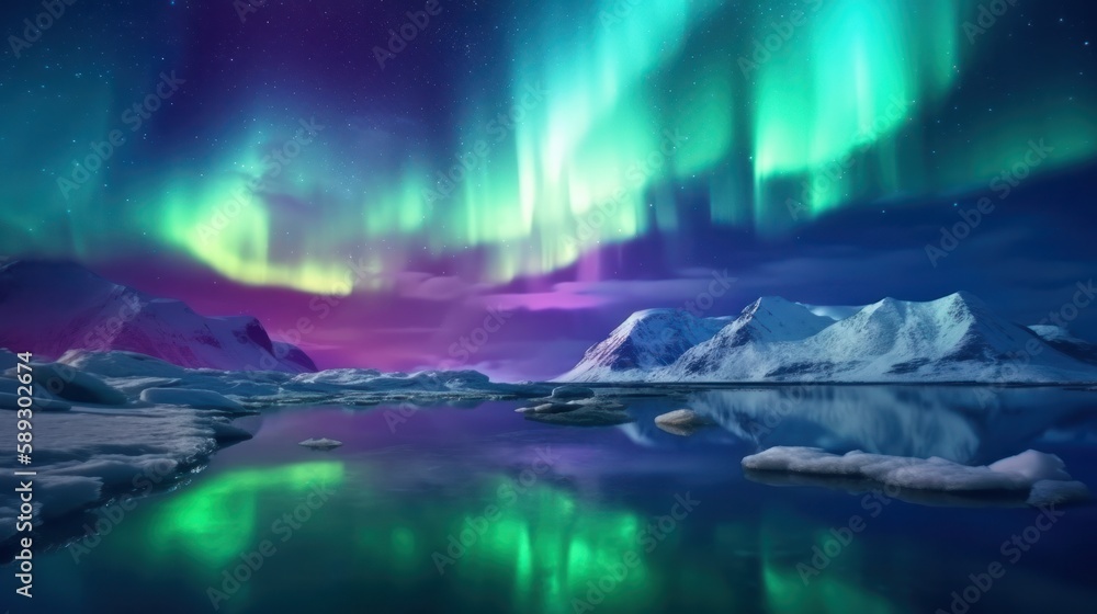 Fototapeta premium Enchanting Aurora: A Tranquil Nighttime Photography of the Northern Lights and their Spectacular Colours amidst a Beautiful Landscape - Generative AI