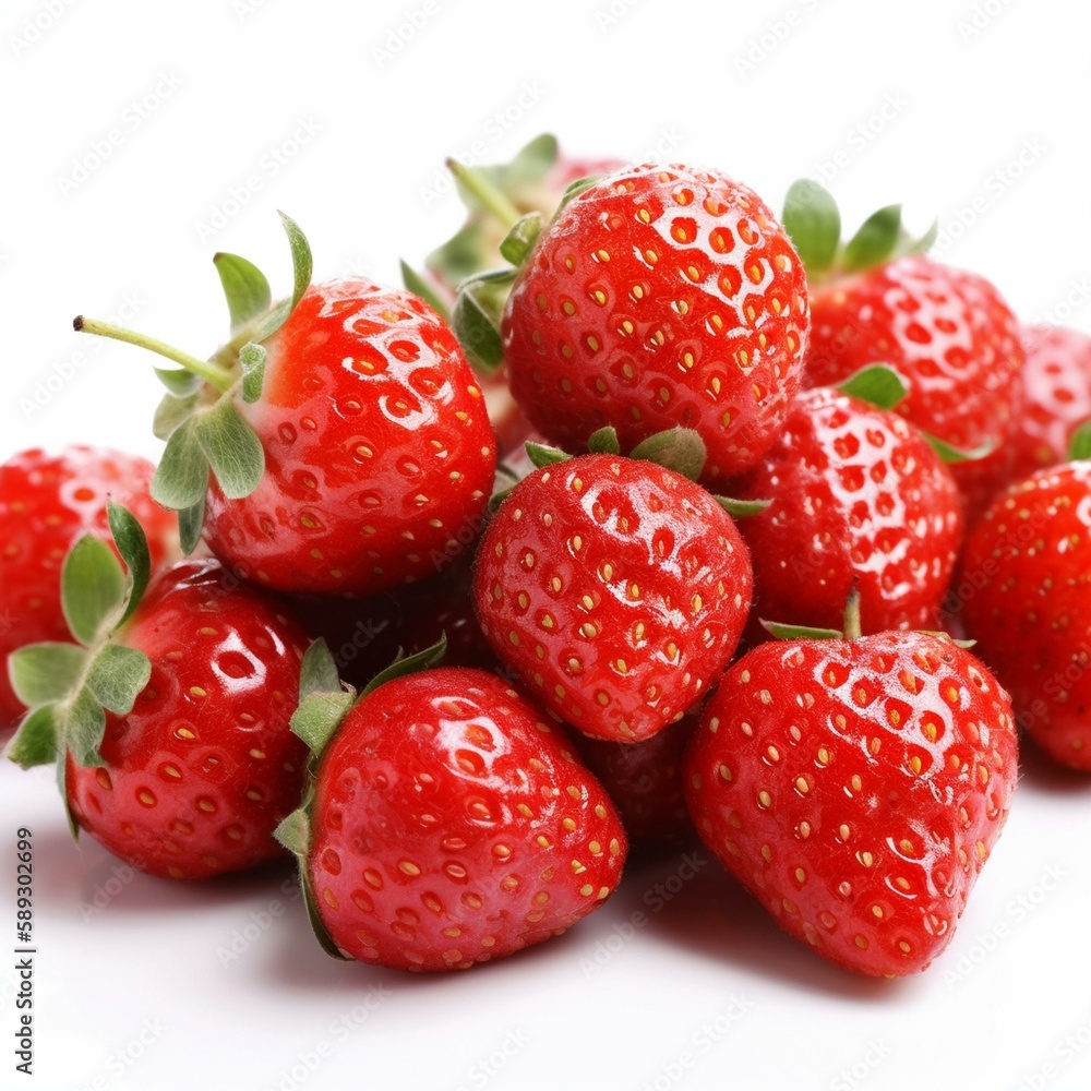Generate a description of a handful of large strawberry berries and a half of a berry in 200