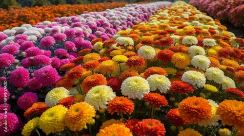 Description of a beautiful field of various and colorful chrysanthemums: Field: beautiful, amazing, variegated, diverse, abundant, bright, multifaceted, magnificent, unique, captiv Generative AI © Julia