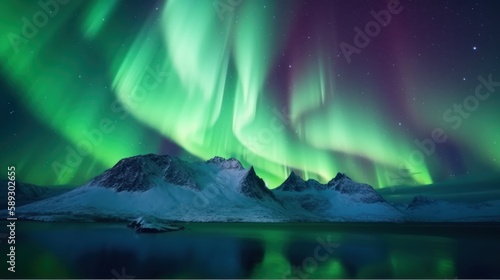 Aurora Over Alpine Peaks: Awe-Inspiring Northern Lights Dance in the Sky amidst Majestic Mountain Ranges - Generative AI © templetify