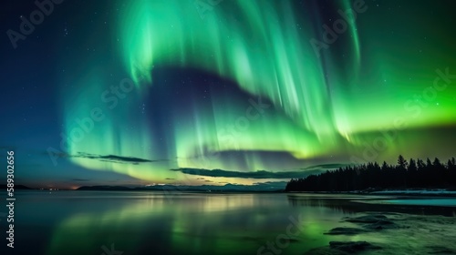 Northern Lights Dance across the Sea  A Mystical Display of Aurora Borealis Colors - Generative AI