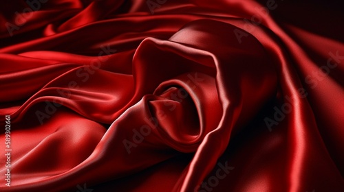 Generate a description of a flowing red silk satin fabric in 200 words. Leave only nouns and adjectives. Separate the words with commas. Generative AI