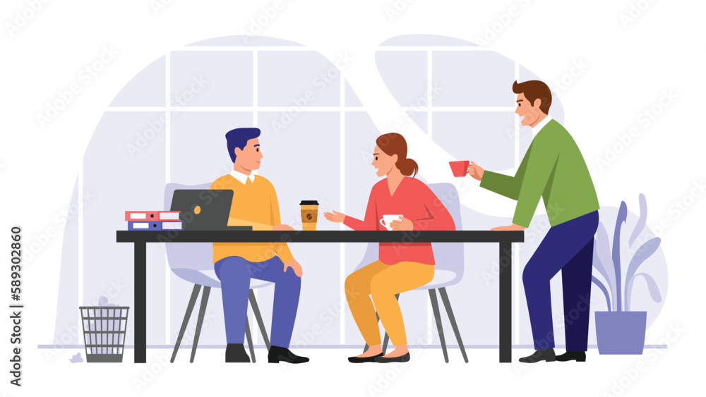 Vector illustration of office workers. Cartoon scene of men and women in the office on a break sitting at a table with a laptop, folders, talking and drinking coffee isolated on a white background.