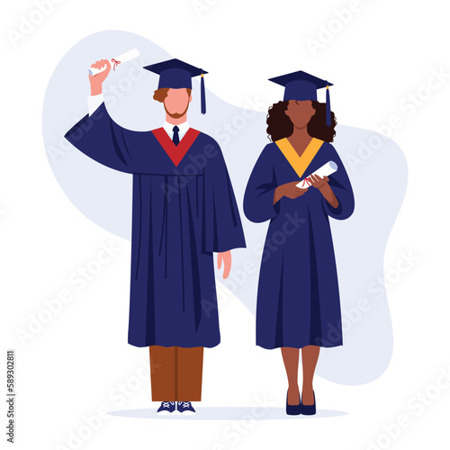 Vector illustration of masters boy and girl. Cartoon graduation scene students in academic clothes: robes and graduation cap with diplomas on white background. Prom.