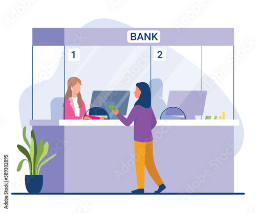 Vector illustration of a girl receiving money in the bank. Cartoon scene with a girl client receiving money from a bank manager at the cash register window isolated on a white background.