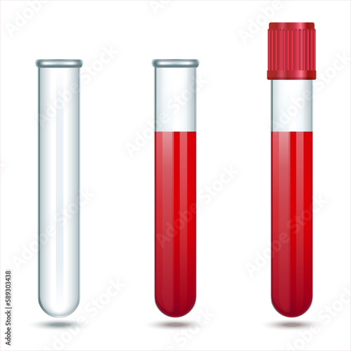 Glass laboratory test tube with cap. Blood test tube glass design. Empty vial without liquid. Laboratory glassware, biology, medicine and pharmaceuticals. Object on a white background. Vector EPS 10