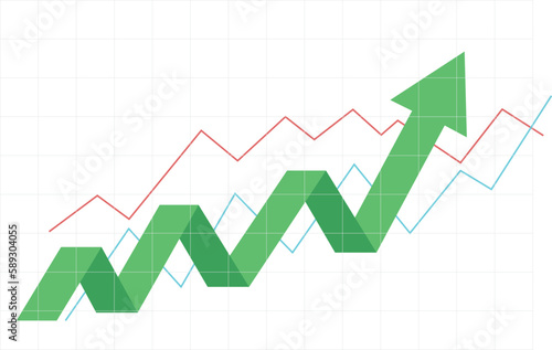 green bussiness arrow and graph stock market arrow growing pointing up on economic chart icon trending upwards financial board rises