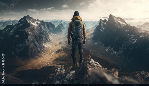 Hiker standing on top of a mountain, generative AI