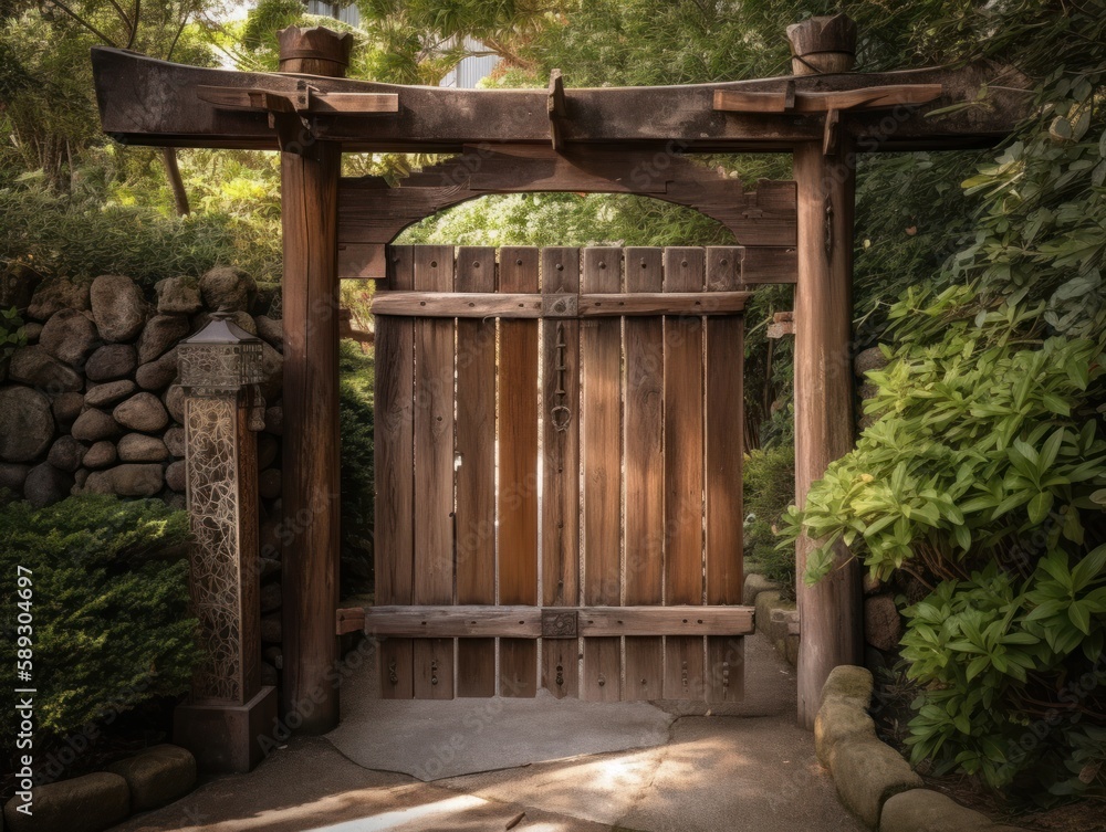 A warm and inviting view of a traditional wooden gate in a Japanese garden